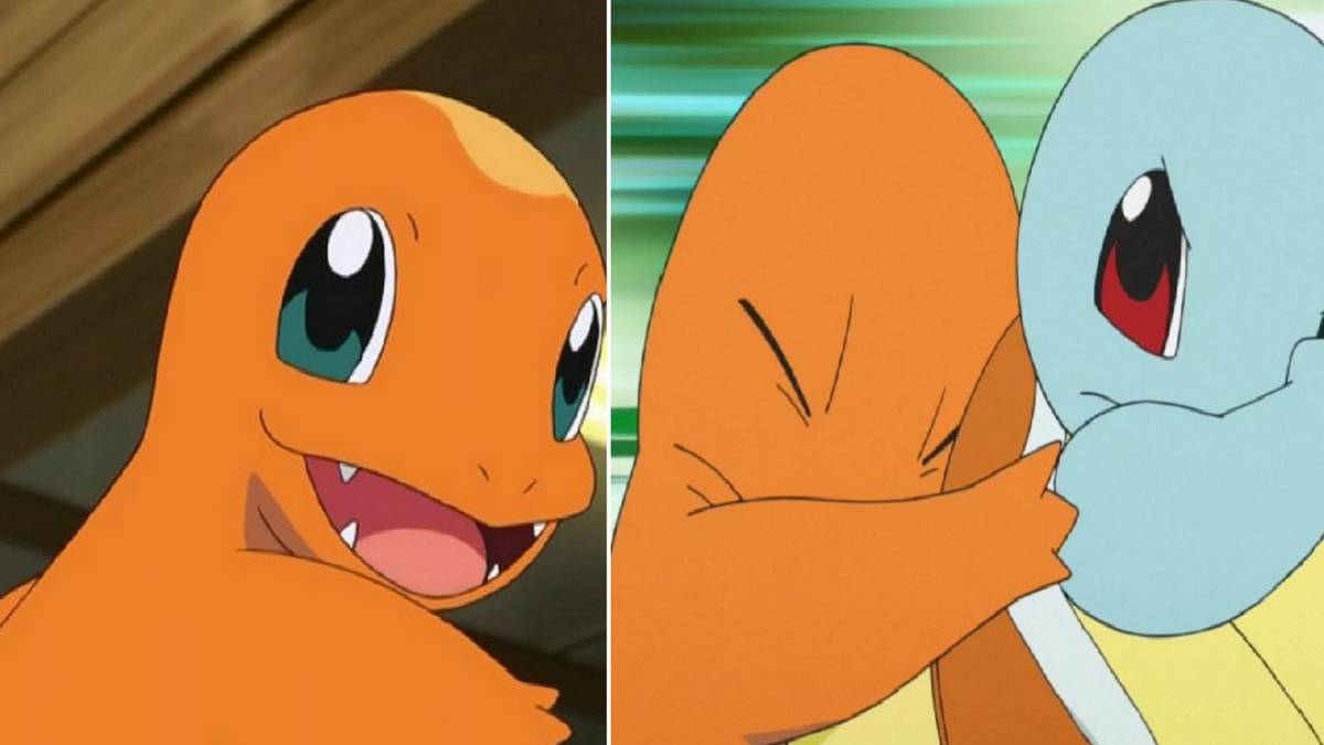 Pokémon split image anime Charmander and Squirtle tackling Charmander