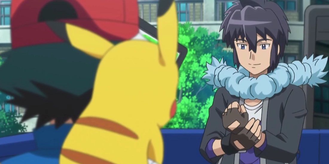 Ash Looking At Alain With Pikachu On Shoulder