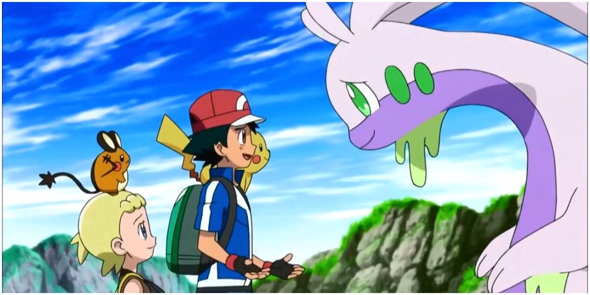 A screenshot of Ash and Goodra from the Pokemon anime