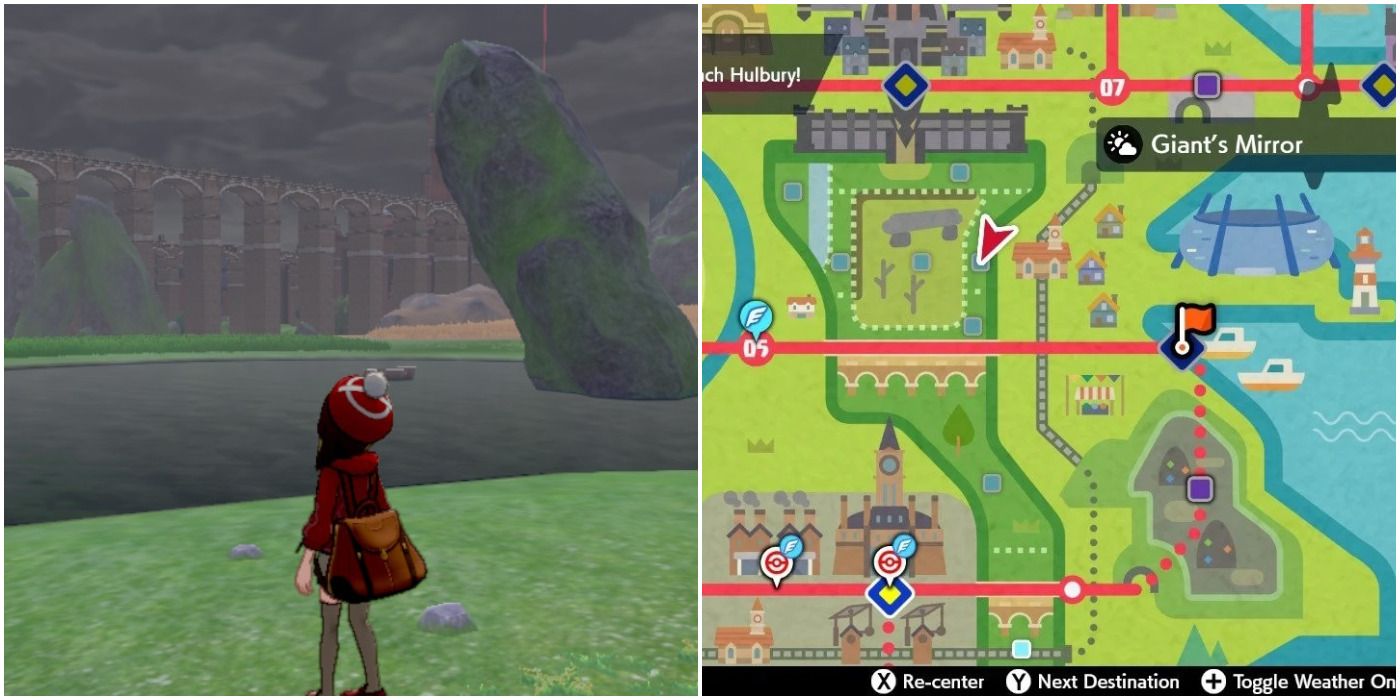 Pokemon trainer standing at Giant's Mirror, map to the right