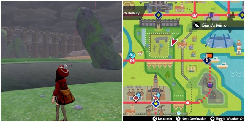Pokemon trainer standing at Giant's Mirror, map to the right