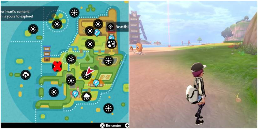 Pokemon trainer standing on Challenge Beach, map to the left