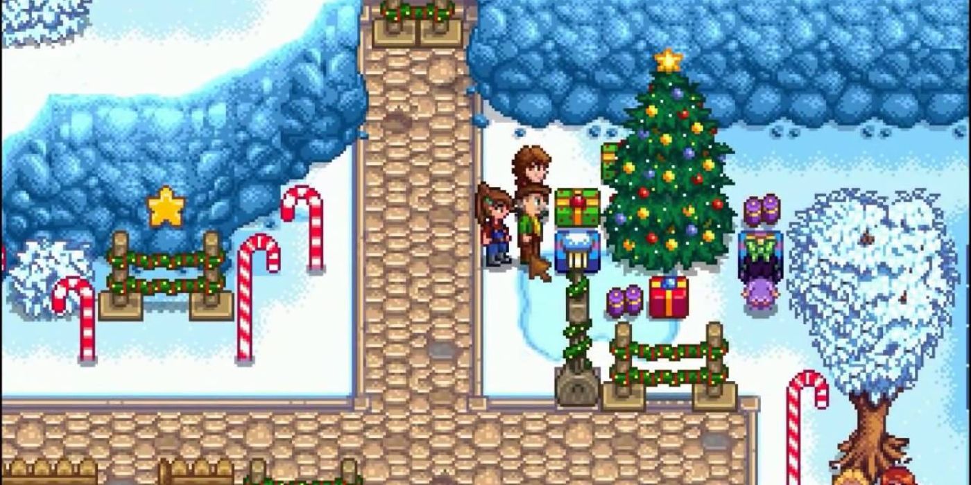player standing by Marnie and Lewis at the Feast of the Winter Star