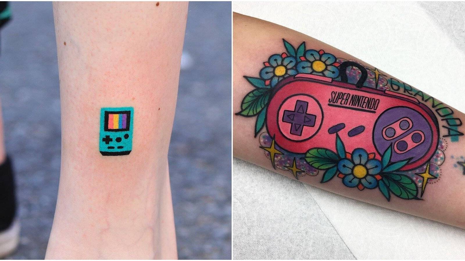 Split image of gameboy and controller tattoos.