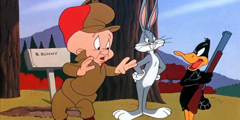 Rabbit Fire (1951), Elmer, Bugs, Daffy with rifle