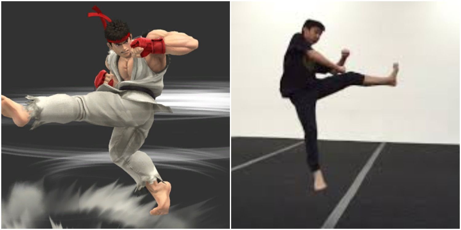 Ryu from Street Fighter and a real-world martial artist doing hurricane kicks