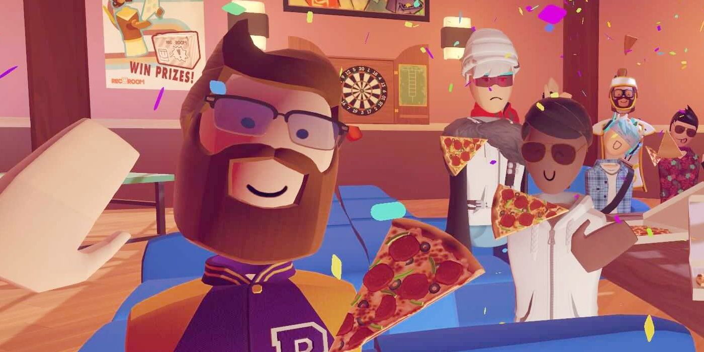 An animated bearded charecter holds pizza with animated friends behind and falling confetti