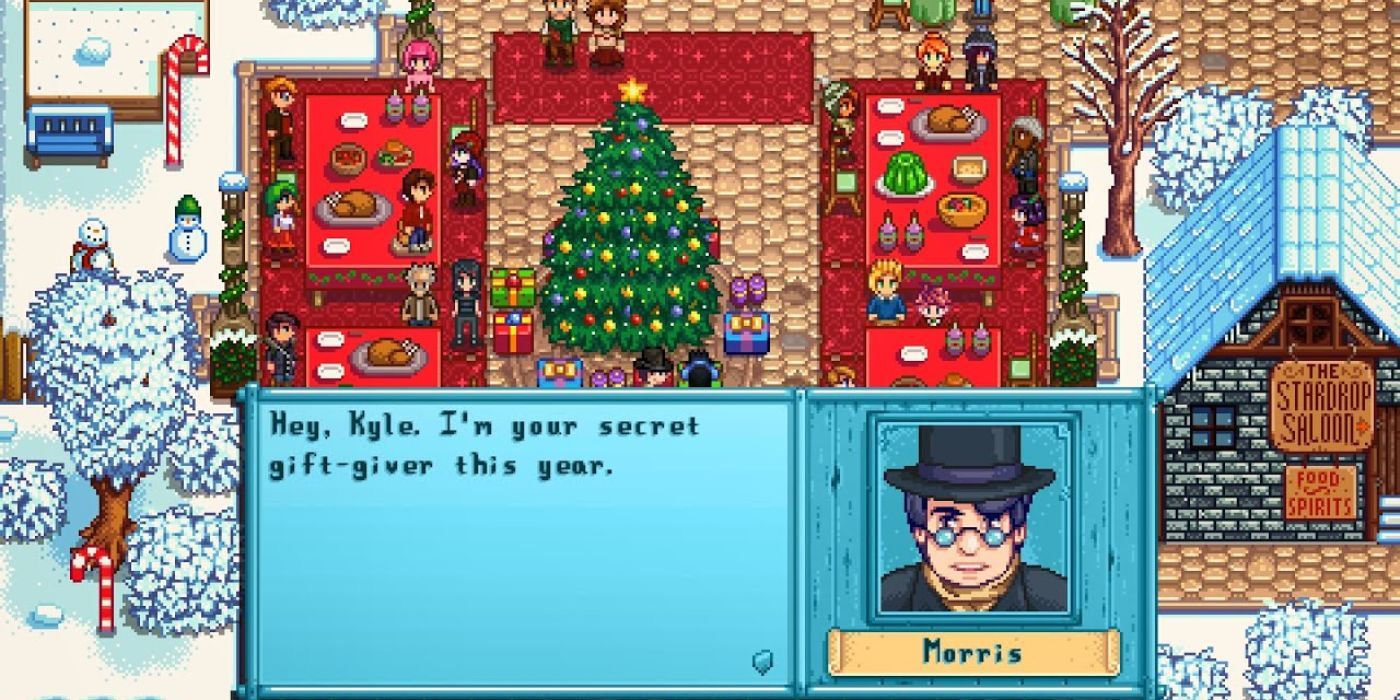 Morris giving the player a gift in a Stardew Valley mod