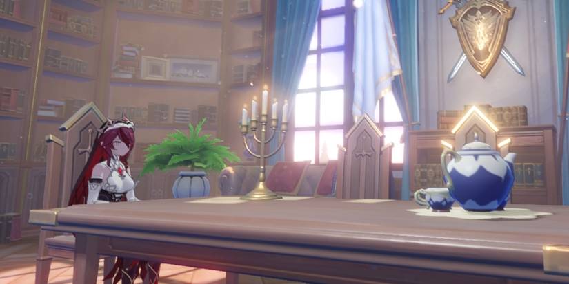 Rosaria sitting in the Knights of Favonius office