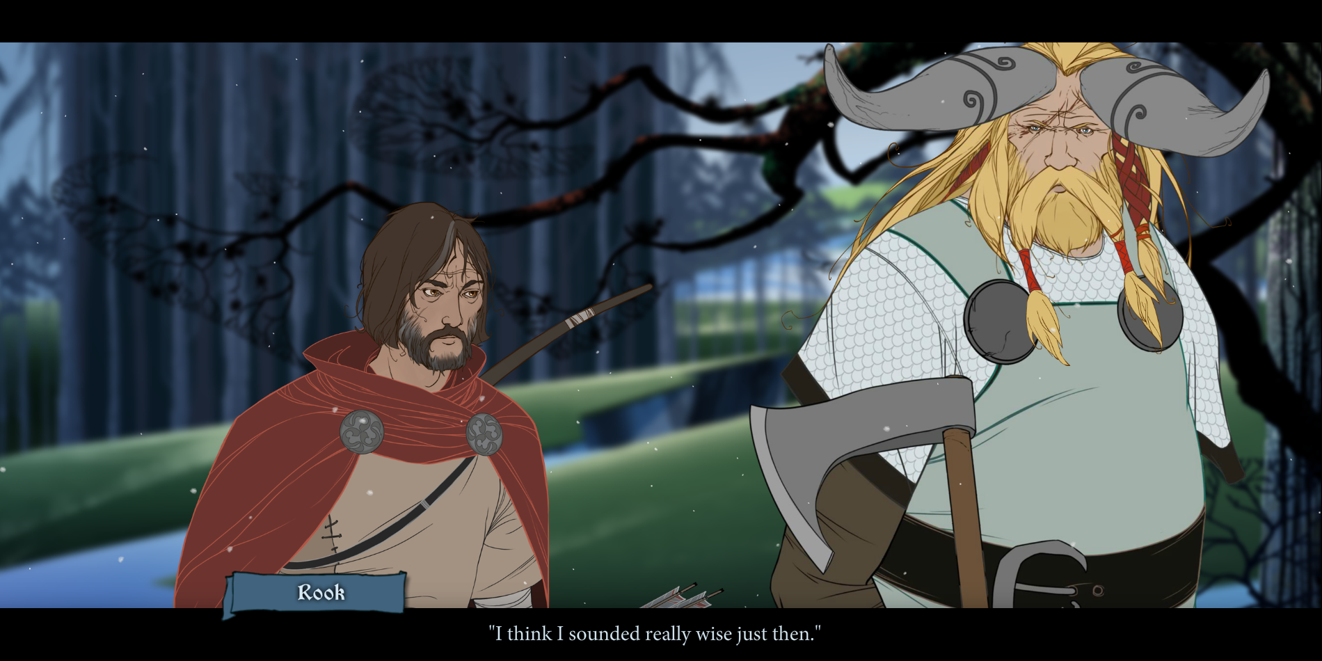 Rook and the party discuss in The Banner Saga