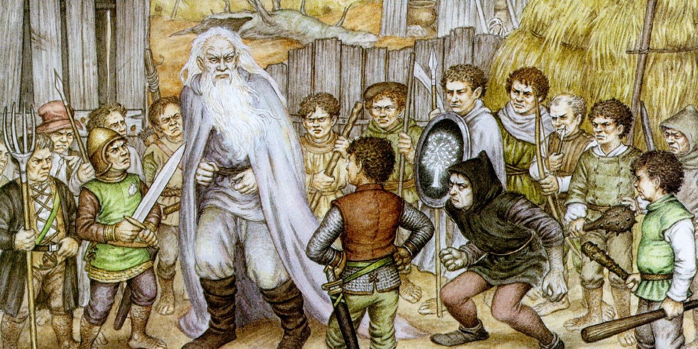 The Hobbits surround Saruman and Wormtongue in The Lord of the Rings