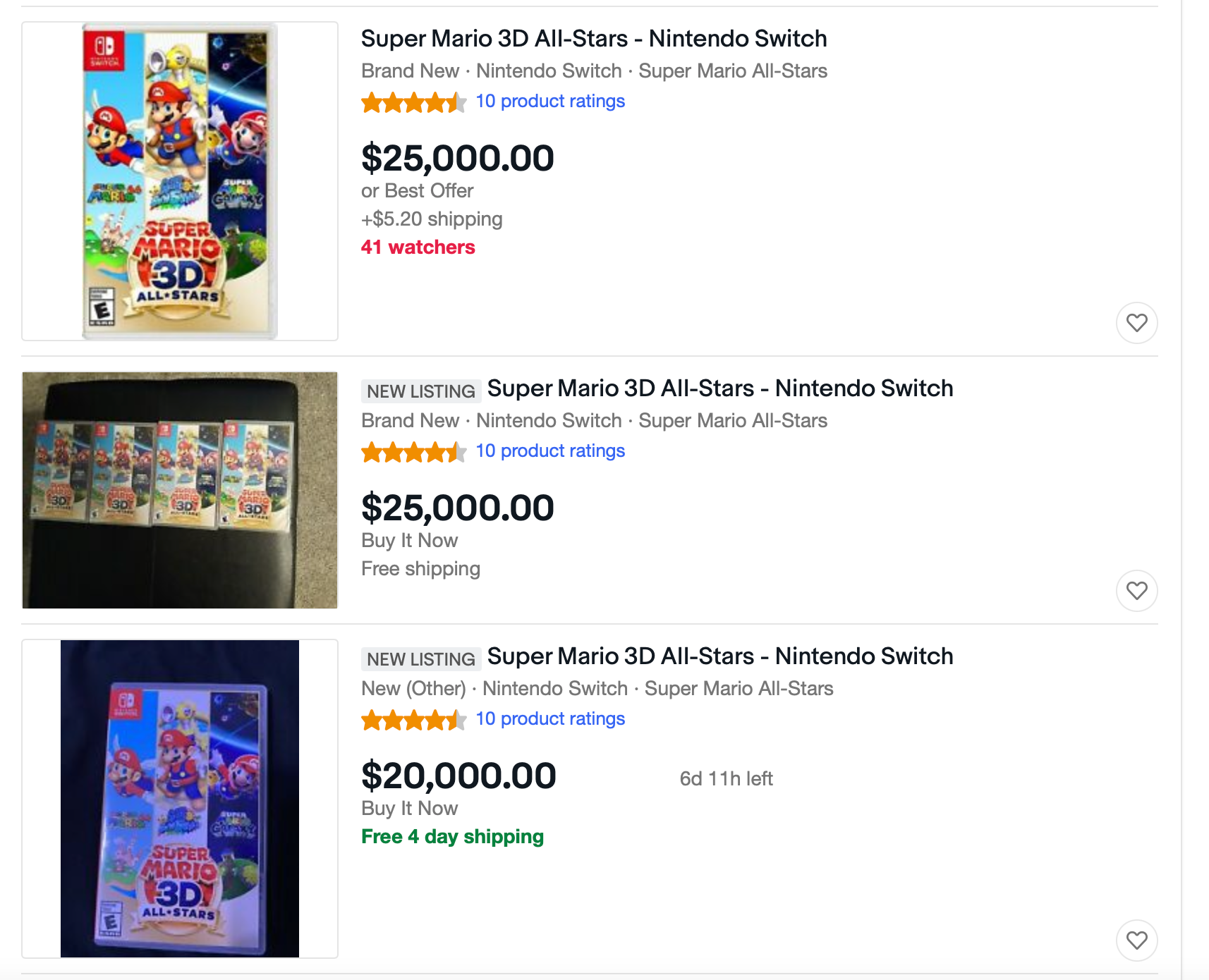 mario 3d all-stars eBay listing