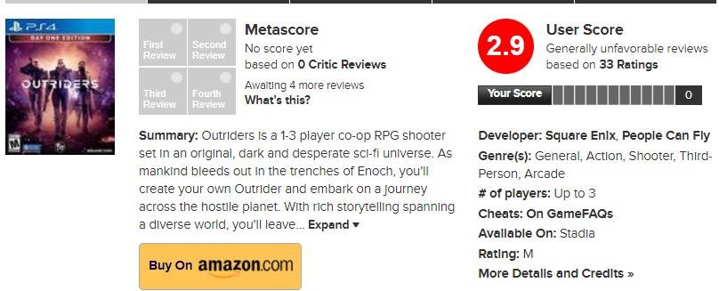 metacritic outriders score