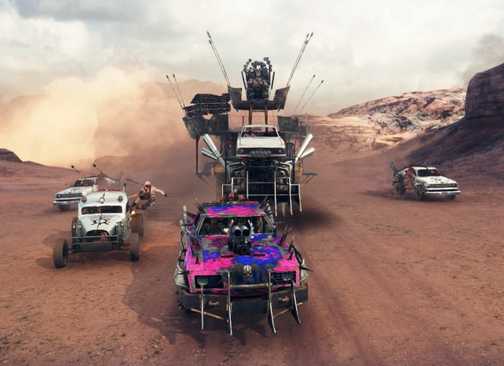 Max and his Magnum Opus battle Scrotus and his convoy in Mad Max