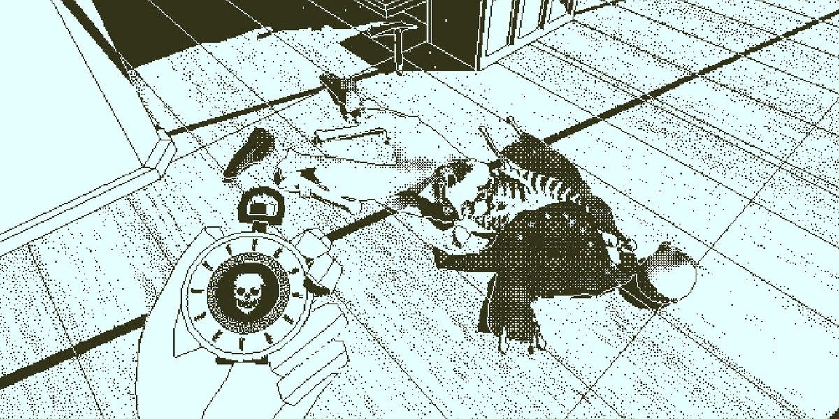 Skeleton on ship floor and hand holding a compass with a skull on it.