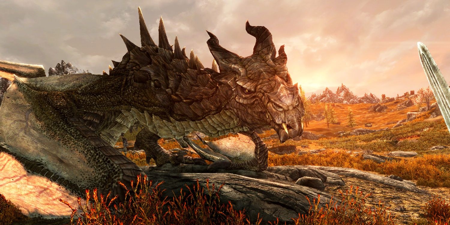 A dragon is fought from first person perspective at sunset
