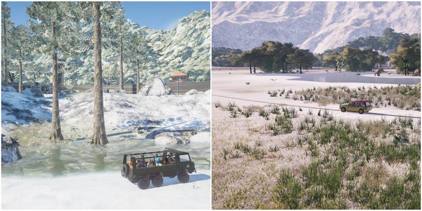 Snow covers a modded Jurassic World Evolution