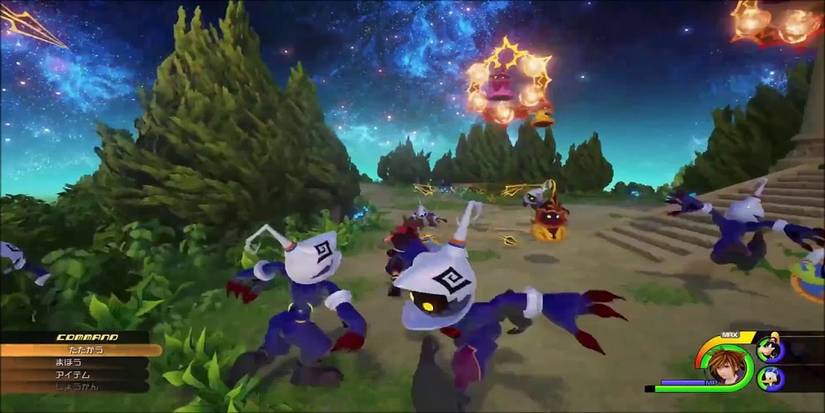 Sora, Donald, and Goofy fight heartless at Mysterious Tower