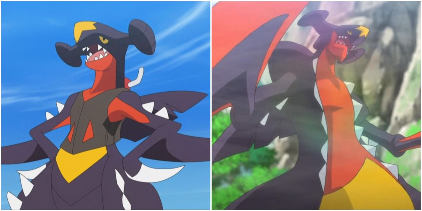 A Split Image Of Garchomp & Mega Garchomp