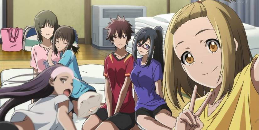 Anime characters taking a group selfie