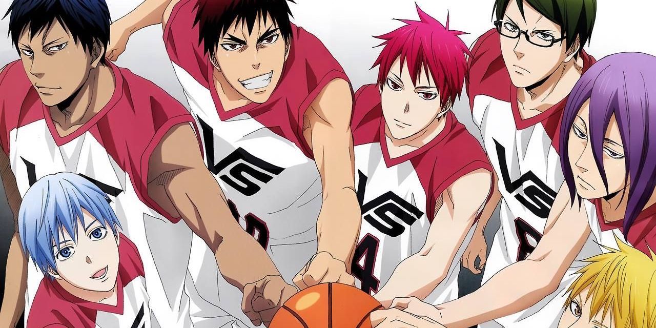Anime basketball team each with a hand on the ball