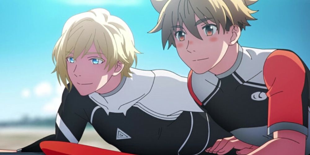 Two male anime characters on surfboards