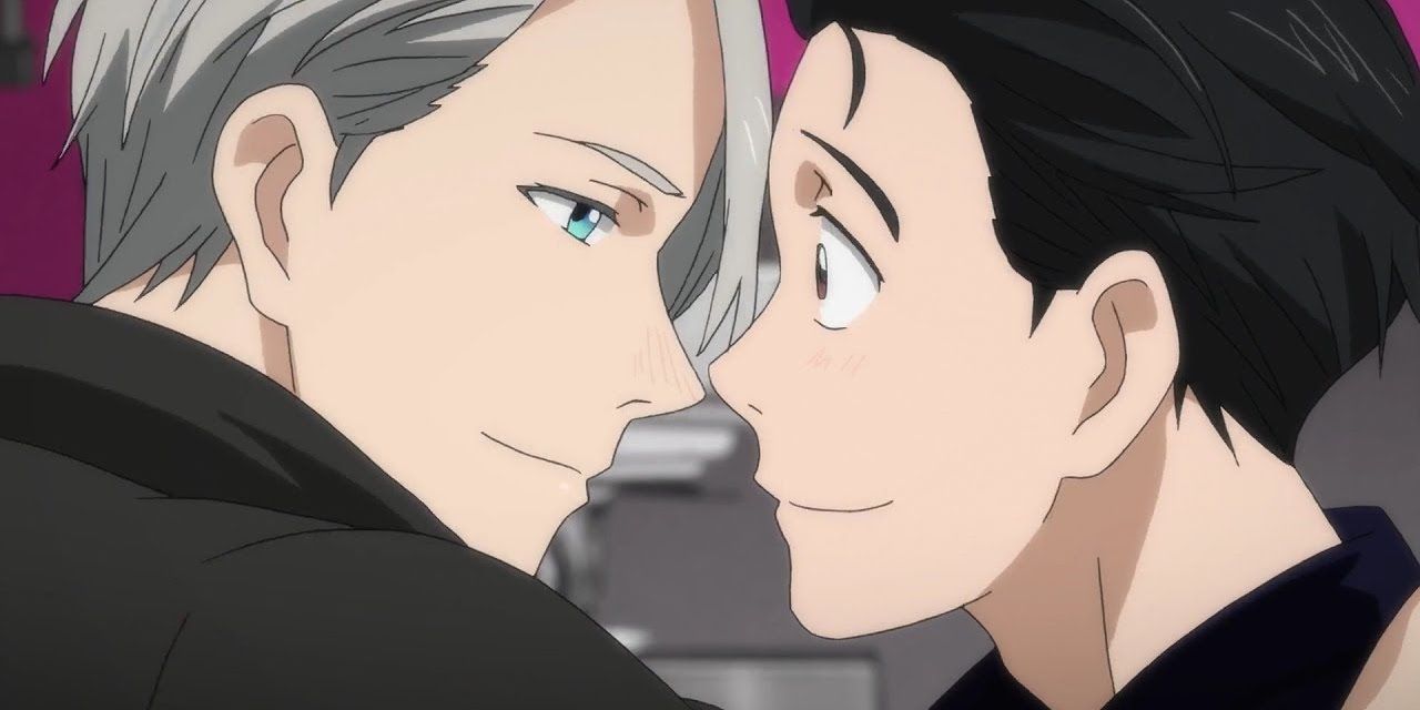 Yuri!!! On Ice characters looking at each other and blushing