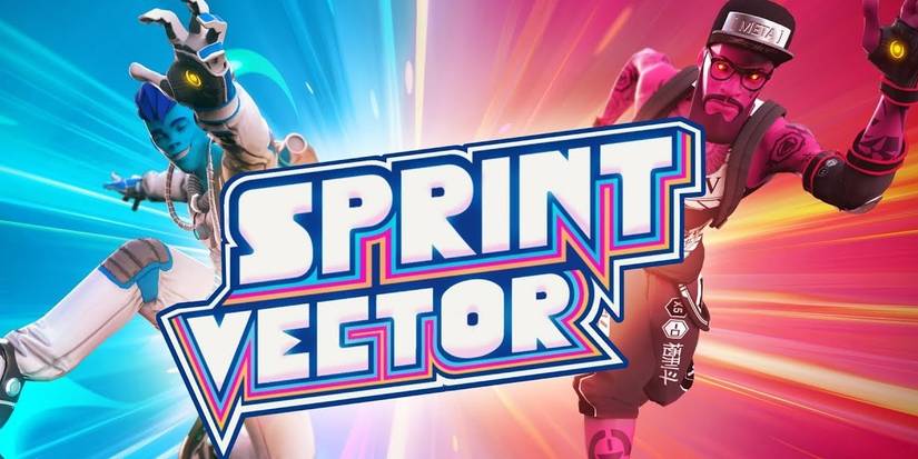 Two charecters race one another with the logo