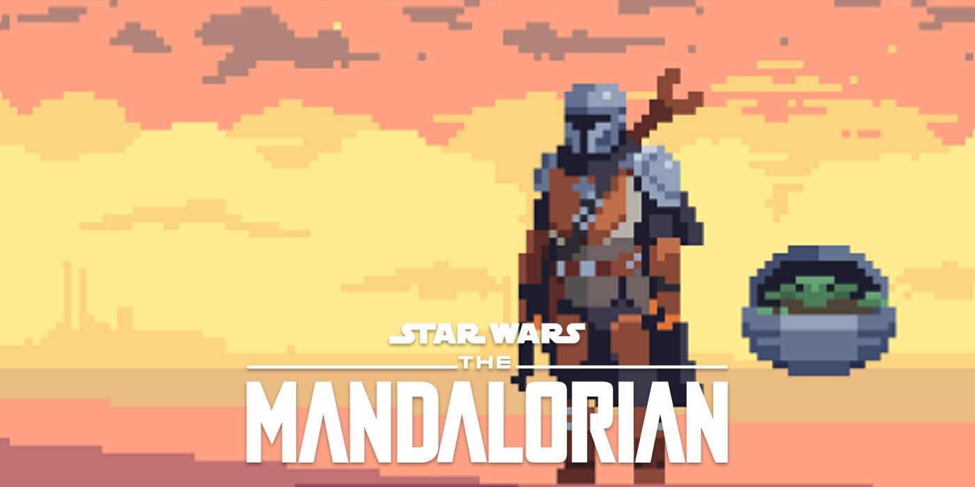 An 8-bit drawing of Din Djarin and Grogu, used as the thumbnail for a YouTube remix of The Mandalorian's signature theme