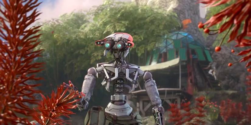 A robot is looking at its surrounding lush environment