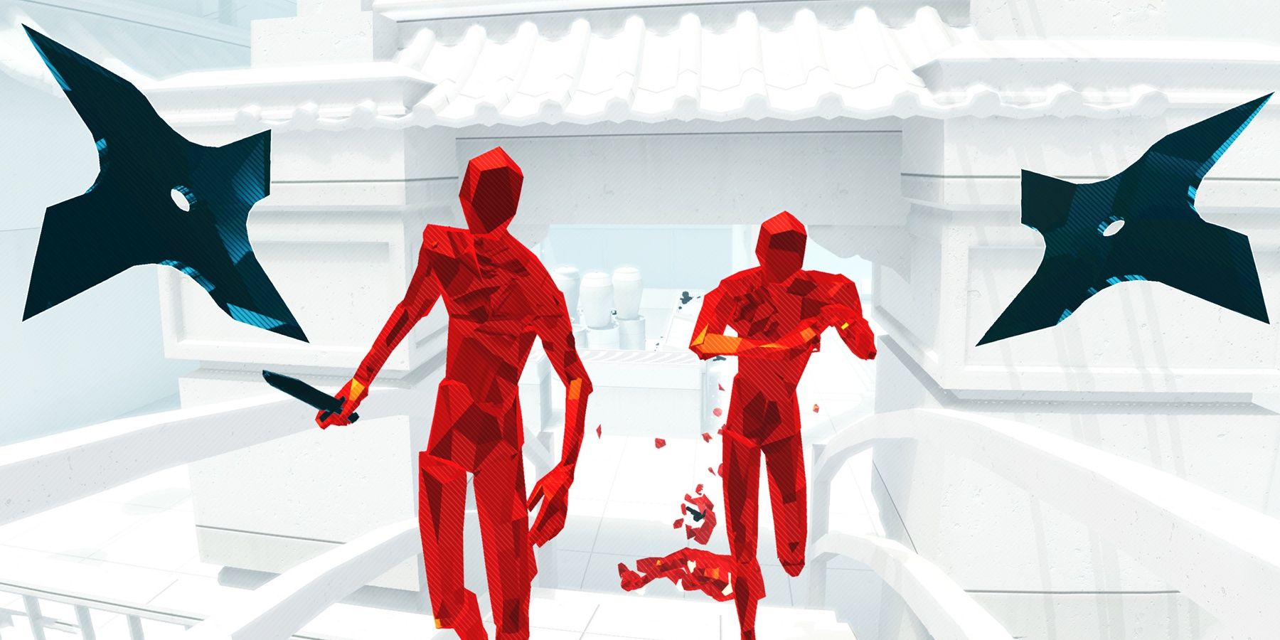 Ninja stars are thrown at red nondescript people coming toward the camera with weapons