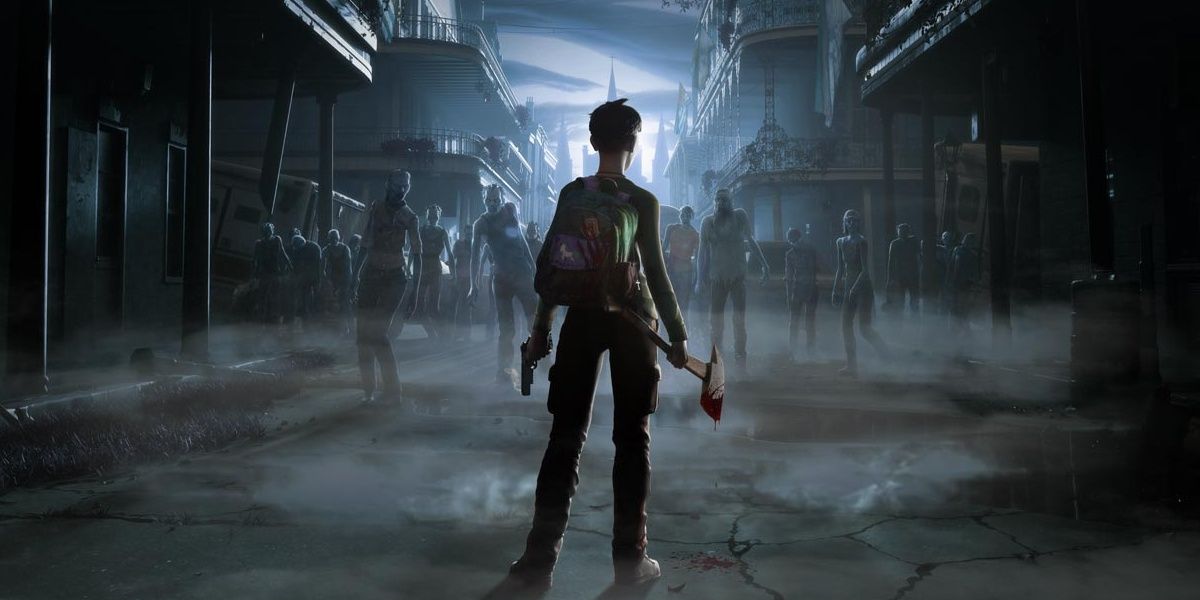 A person stands in the foreground with zombies in the darkened background