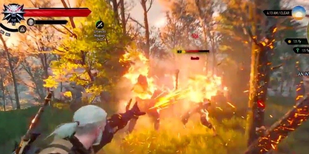 Geralt setting enemies on fire.