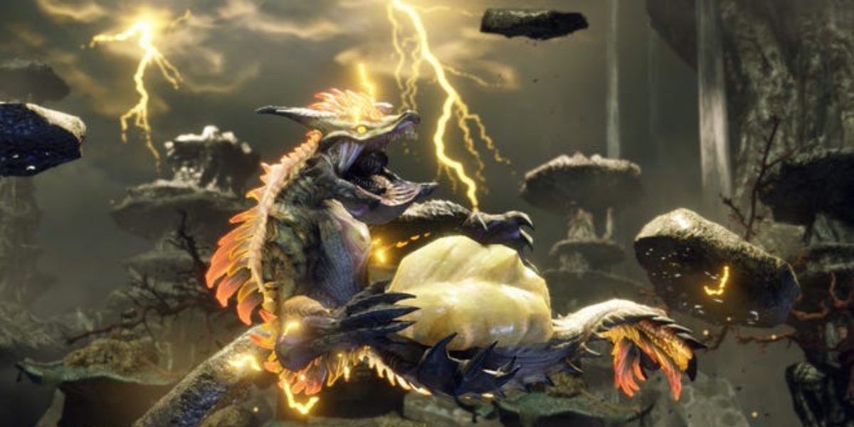 Thunder Serpent Narwa with levitating rocks and lightning from Monster Hunter Rise