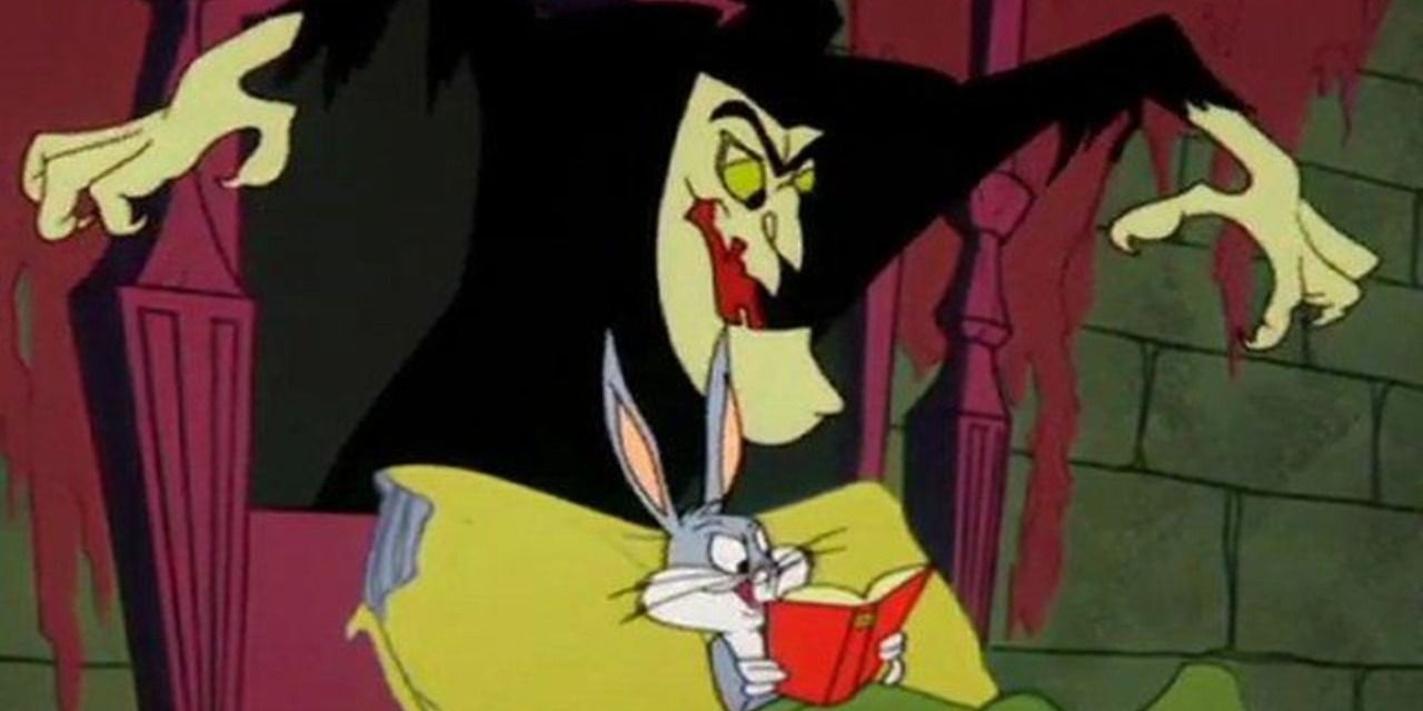 Transylvania 6-5000 cartoon, Bugs and the Vampire, Bugs is holding a book, reading in bed, Vampire is behind him