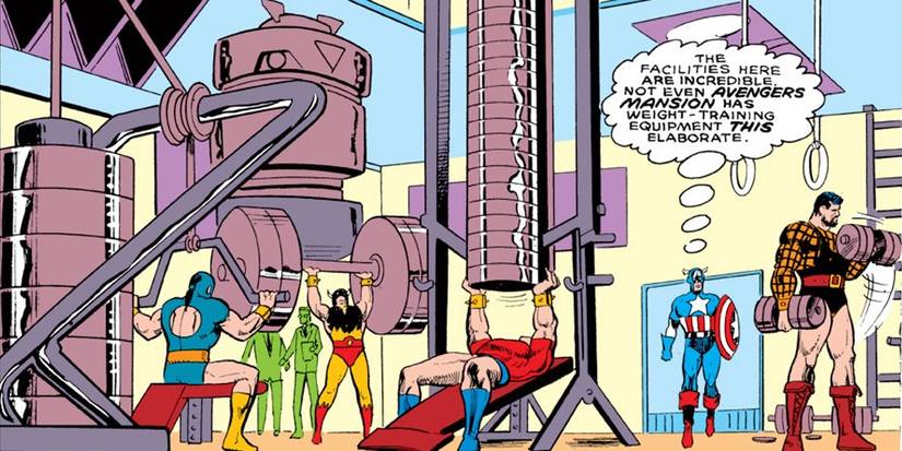 Captain America walking through the Unlimited Class Wrestling Federation gym