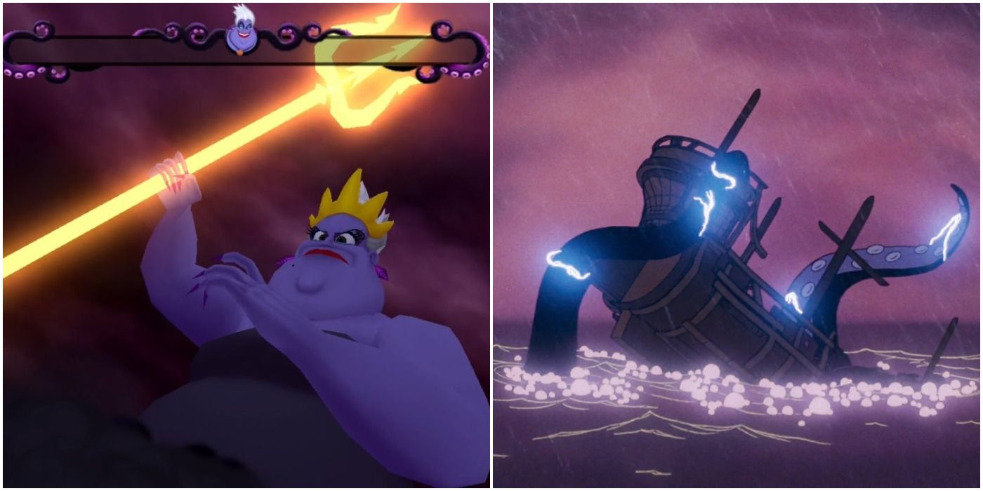 Ursula is impaled by a trident in Kingdom Hearts II and a ship in The Little Mermaid
