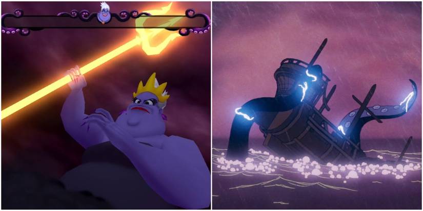 Ursula is impaled by a trident in Kingdom Hearts II and a ship in The Little Mermaid