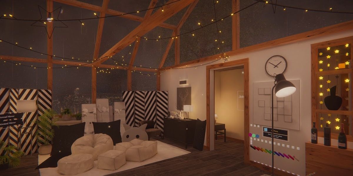 A virtual loft with dim lighting and glass roof