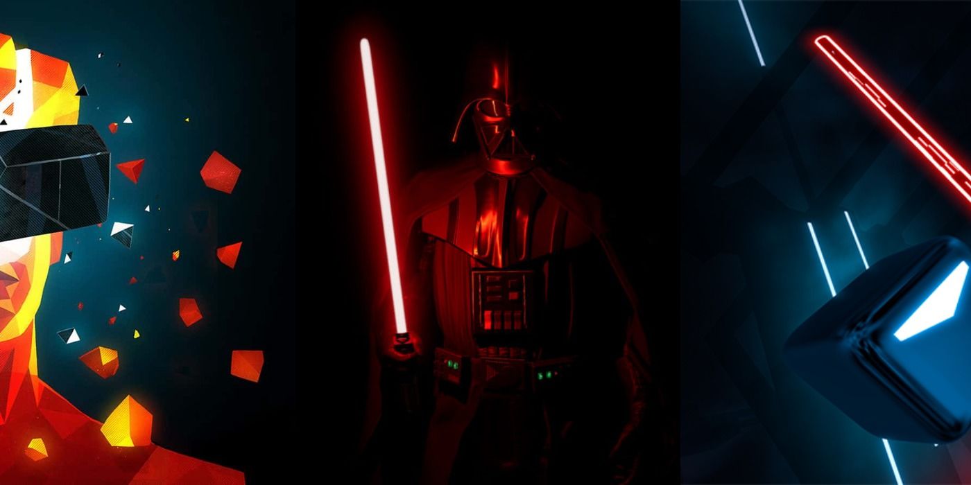 Superhot foe, Darth Vader, and Beat Saber blocks in a blended picture