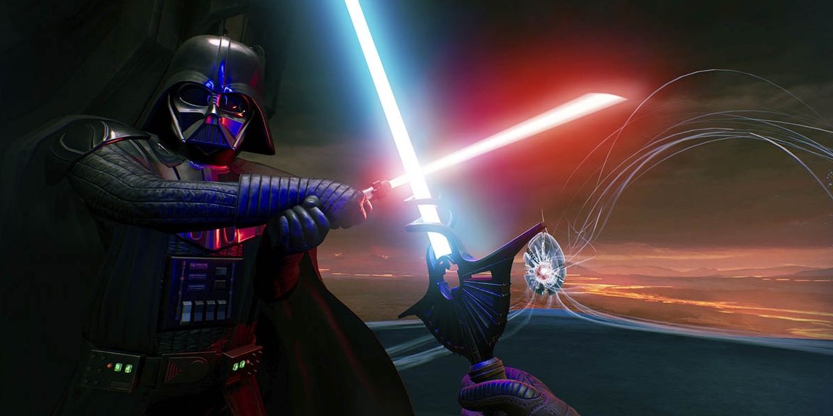 Blue and red lightsabers clash with Darth Vader opposite the camera view
