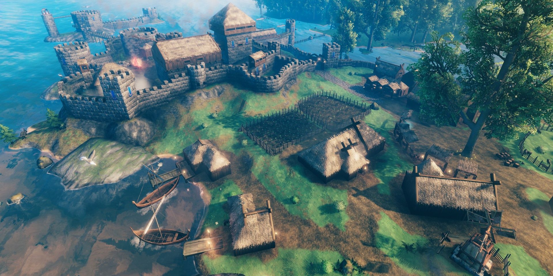 A castle and other structures in Valheim