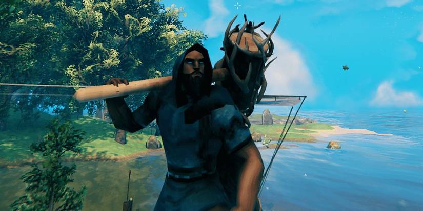 Valheim player holding Stagbreaker weapon over sholder.