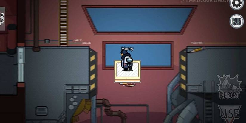 White Player on the moving platform in the Gap Room on the Airship map in Among Us