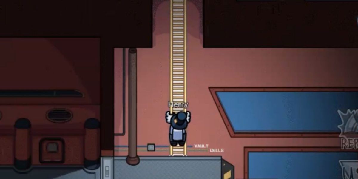 White Player climbing a ladder on the Airship map in Among Us