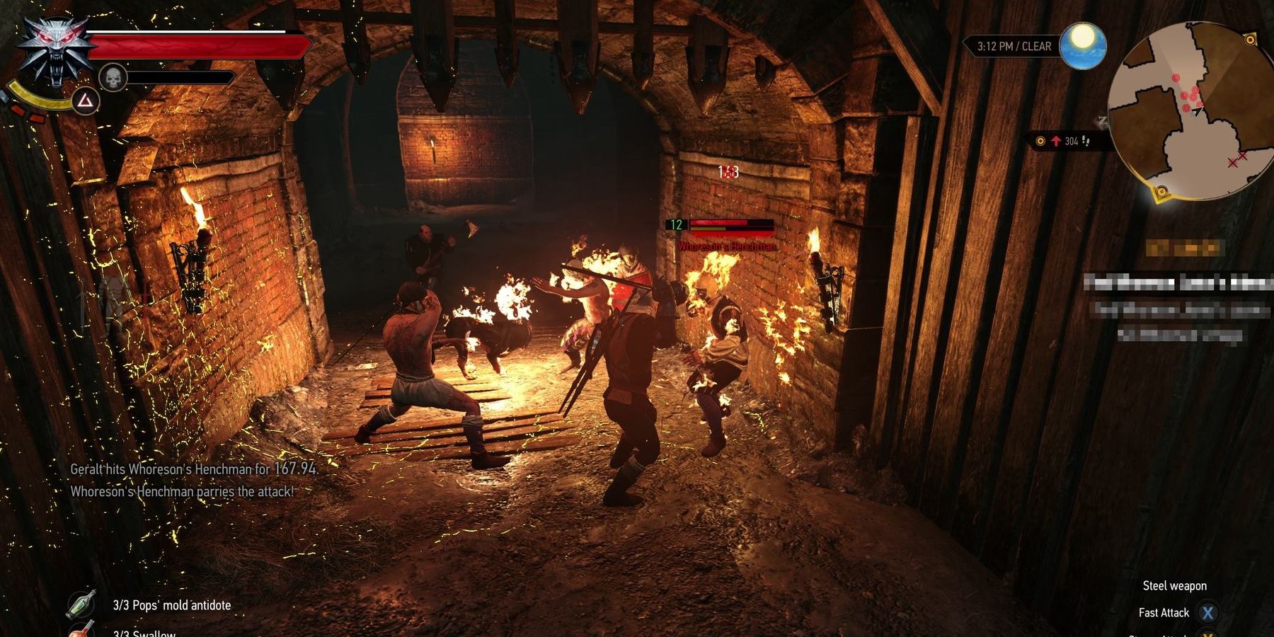 Geralt fighting humans in dark tunnel.