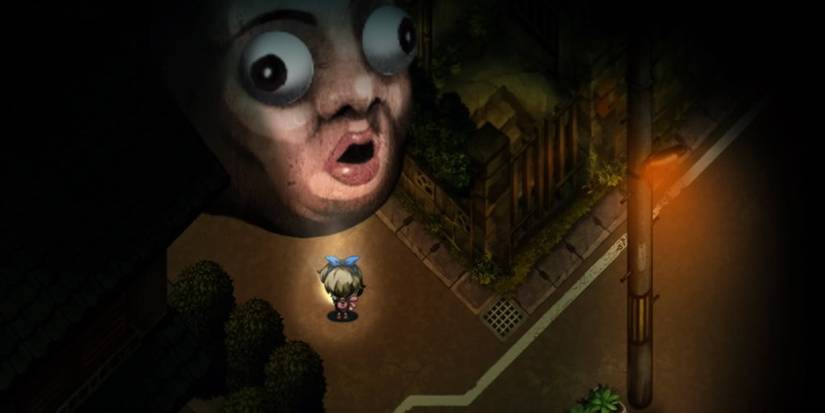 Yomawari Midnight Shadows - cahracter next to a large face