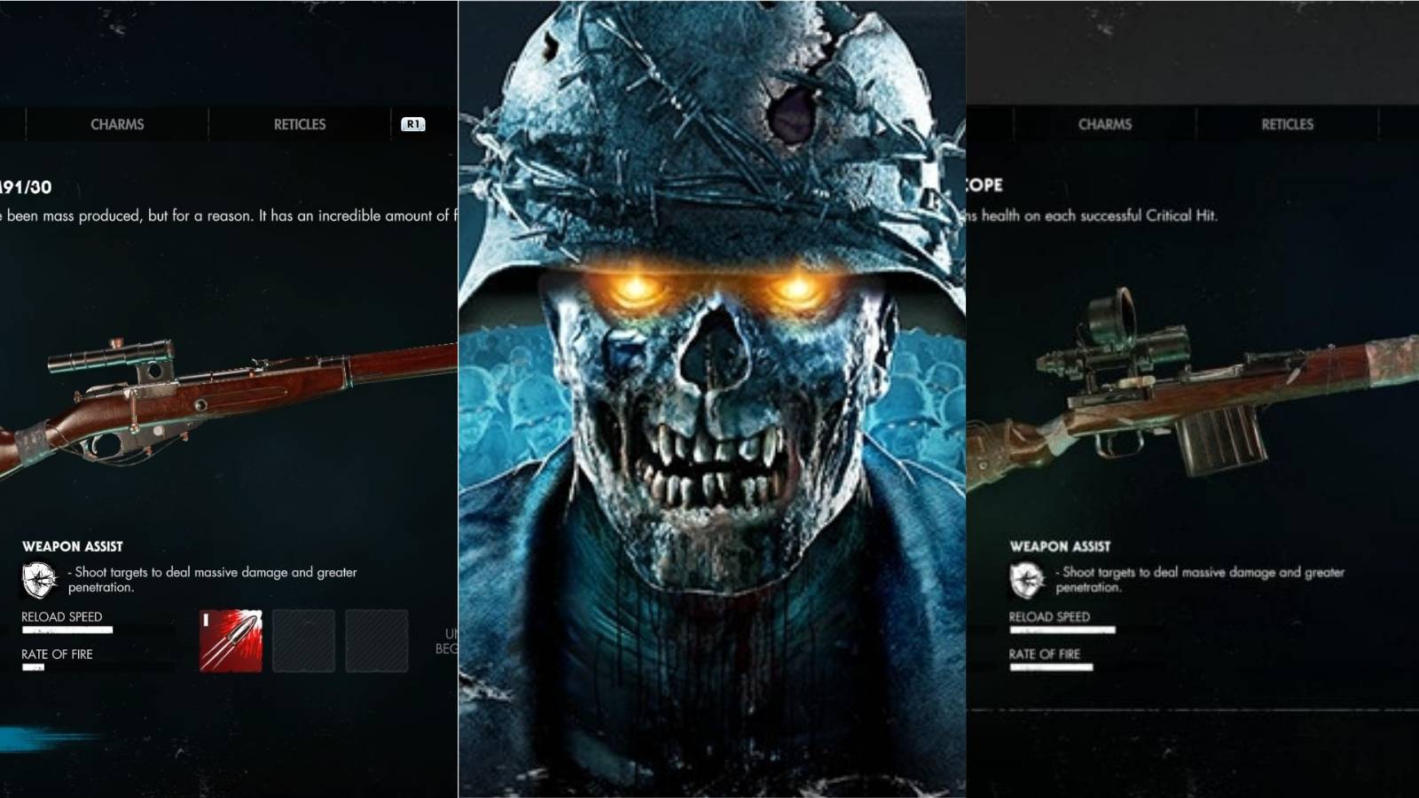 Zombie Army 4 screenshots of a weapon, zombie head, and another weapon