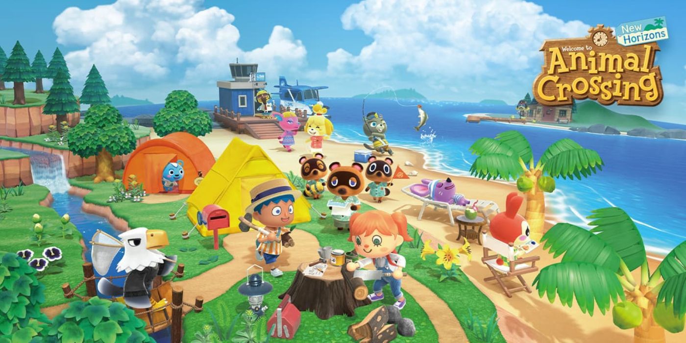 Animal Crossing New Horizons multiple animals and people around an island crafting, fishing, or doing other activities