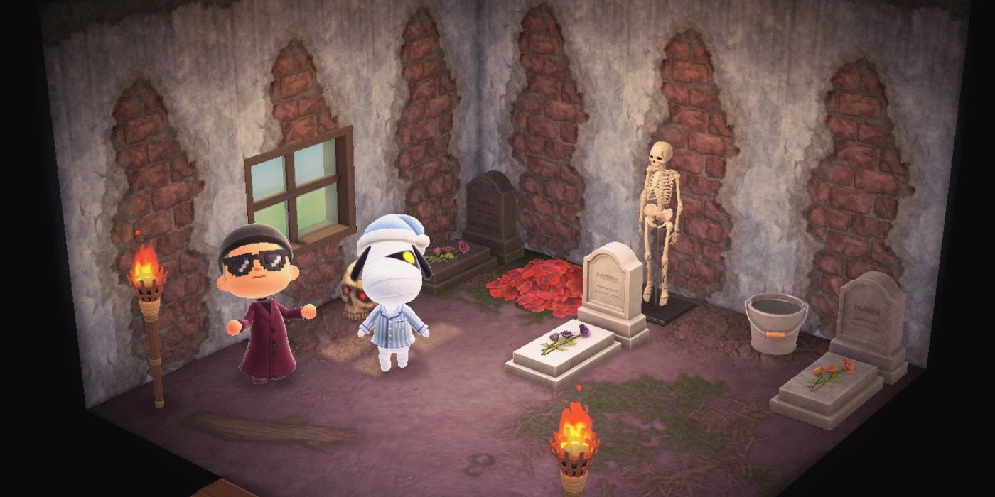 animal crossing new horizons lucky in graveyard themed house